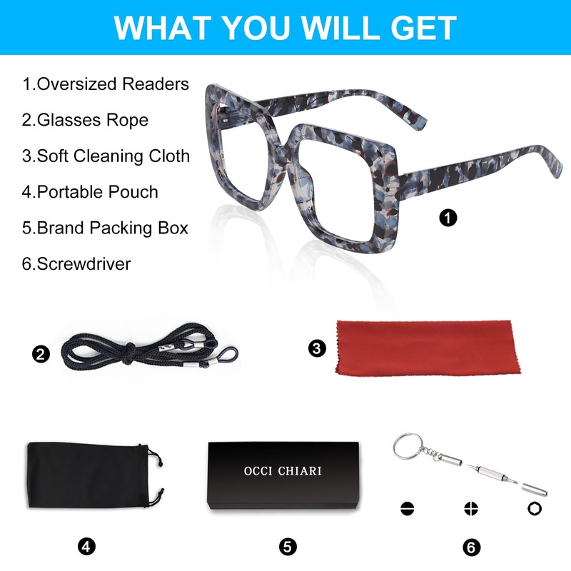 OCCI CHIARI Large Reading Glasses for Women 1.75 Trendy Square
