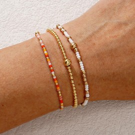 SHINUS BOHO Fun Orange Gold Beaded Stack Bracelets for Women,Stackable Bohemian Cute Small Seed Beads Stretch Trendy Ball Fall Jewelry Friendship Accessories Friendship Gift