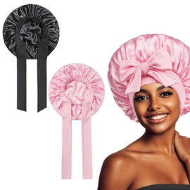 Bettinay 2PCS Silk Bonnet for Sleeping Curly Hair, Pink Black Hair Satin Bonnets with Tie