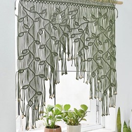 M MANUAL Macrame Valance Curtain for Kichen Windows 33.46x37.4Inch Farmhouse Boho Leaves Curtains for Bedroom Window Valance Green Leaf Tassels Macramé Wall Curtain Wooden Bead Macrame Wall Hanging