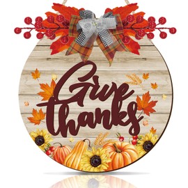 Thanksgiving Door Signs Giving Thanks Sign Wooden Wreath Decor Harvest Pumpkin Maple Leaf Wood Home Door Sign 12x12 Inch