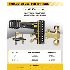 TIROL Drop Hitch 2.5 inch Receiver Adjustable Trailer Hitch for Heavy Duty Towing RVs, Boat, Class 5, 6" Rise/Drop, 25000 LBS, Fit for 2-1/2" Truck/SUV Receivers