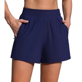 Charmo Women High Waist Board Shorts with Zip Pockets 2 in 1 Board Shorts Swim Bottom with Liner Swimwear Navy L