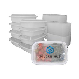 Golden Hub - 15/30/50 Sets Reusable White Rectangular 24/38oz Meal Prep Plastic Food Containers with Lids, BPA-Free, Freezer & Dishwasher Safe, 1 Compartment (24oz 15sets)