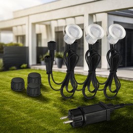 BRILONER - Connect to Shine 12V Gartensystem 3er Set LED Bodeneinbaustrahler, Basisset mit Trafo, IP67, warmweißes Licht, Gartenbeleuchtung, Bodeneinbauleuchten, 30x26 mm, Silberfarbig