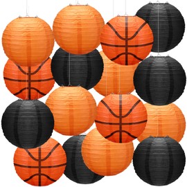 Rossesay 16 Pcs Basketball Paper Lanterns 8 Inch Orange Black Basketball Lanterns Ornaments Ceiling Hanging Decors Sports Party Decorations for Sports Game Themed Birthday Party