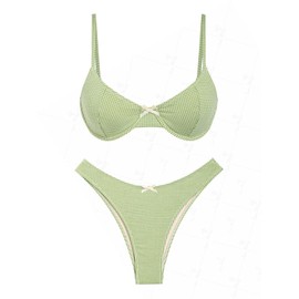 seamoly Vintage Gingham Bowknot Decor Tied Back Underwire Bikini Set, Light Green, S