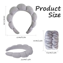 Beleki Spa Headband for Washing Face, Sponge Makeup Headband and Wristband Set Non Slip Skincare Headbands Soft Puffy Headwear Hair Accessories for Women Girls, Gray