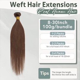 Rich Choices Weft Hair Extensions Real Human Hair Straight Weave Hair Extensions 22 Inch 100g Sew in Weft Human Hair Extensions Real Remy Hair Extensions Human Hair Bundles #4 Medium Brown