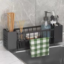 Koolkasa Sink Organiser, Kitchen Sponge Holder, Hanging Sink Organiser with Dish Cloth Holder and Storage Box, Metal Sink Organiser with Automatic Drain Pan - No Drilling (Black)