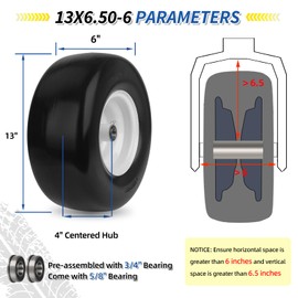 GICOOL 13x6.50-6 Flat Free Lawn Mower Tire and Wheel, Solid Smooth Zero Turn Mower Front Tire Assembly, with 3/4" & 5/8" Bearing, 4"-6.5" Centered Hub, Compatible with Lawnmower Garden Tractor, 2 Pack