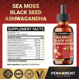 Penhoment 8in1 Sea Moss Liquid Drops with Black Seed, Ashwagandha, Burdock Root & Bladderwrack - Apple Flavor - Gut Heath, Immune, Skin & Hair - 60 Days Supply - 2 FL OZ