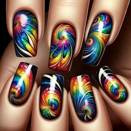MIXFOSAHN Press on Nails Medium Sqaure Fake Nails Colorful Black False Nails with Artistic Swirl Designs Full Cover Stick on Nails Glue on Nails Acrylic Nails for Women Girls 24 Pcs
