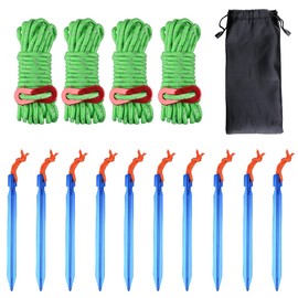 Azarxis Outdoors Tent Stakes Pegs Pack of 10 with 4x4m Reflective Guy Lines Ropes and 4 Line Cord Adjuster for Camping Hiking (Grass Green)