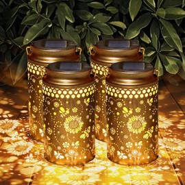 4 Pack Bee Solar Lanterns Outdoor Waterproof, Metal Hanging Lights Decorations for Garden Yard Lawn Patio, Bee Gifts for Women Mom Grandma Aunt Mother in Law Christmas
