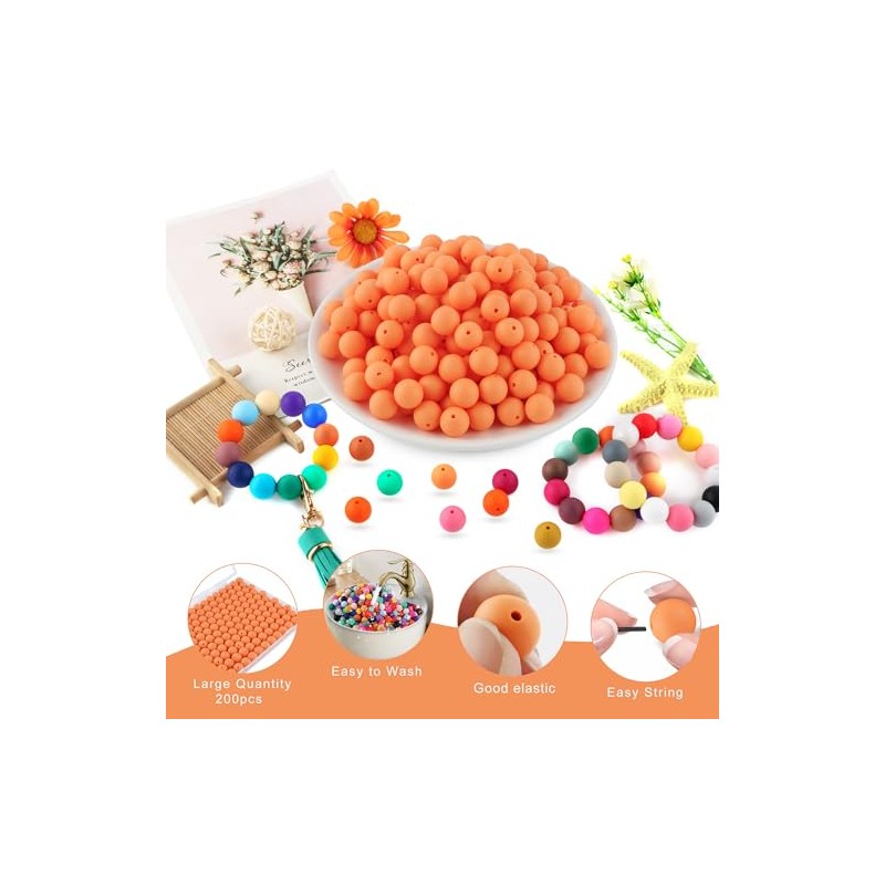 Kovict 200pcs Silicone Beads, 12mm Silicone Beads for Keychain Making,