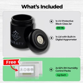 AURAFY Stash Jar with Hygrometer Lid - UV Glass, Airtight & Odour Proof for Storing Herbs & Spices - Includes 2 Pack 62% RH 2-Way Moisture Control Packs (250ml)