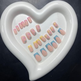 Flower Press on Nails Yellow Short Square Fake Nails Glossy French Tip Glue on Nails Spring Summer Coffin False Nails Full Cover Pink Stick on Nails Blue Acrylic Nails for Women Girls Manicure 24pcs…