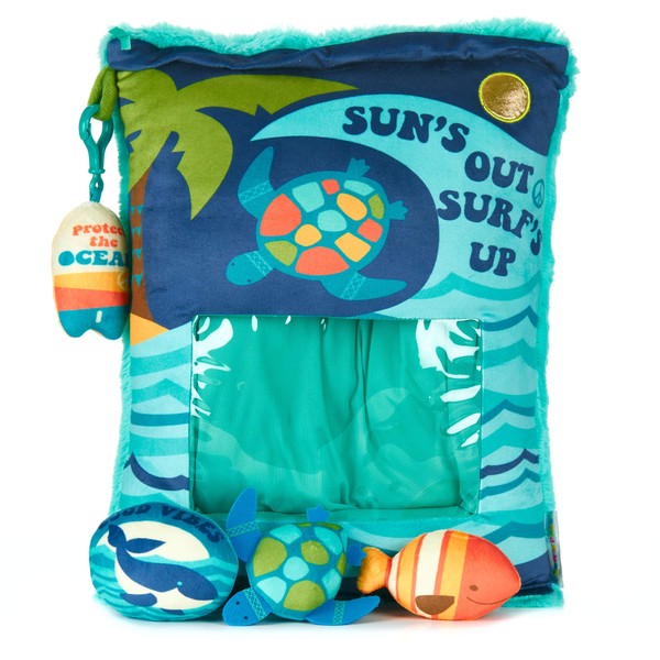 KIDS PREFERRED Plush Cuddle 16” Suns Out Surfs Up Pillow with Three Toys and Clip Inside-Peek n’ Pals, 5 Piece Set