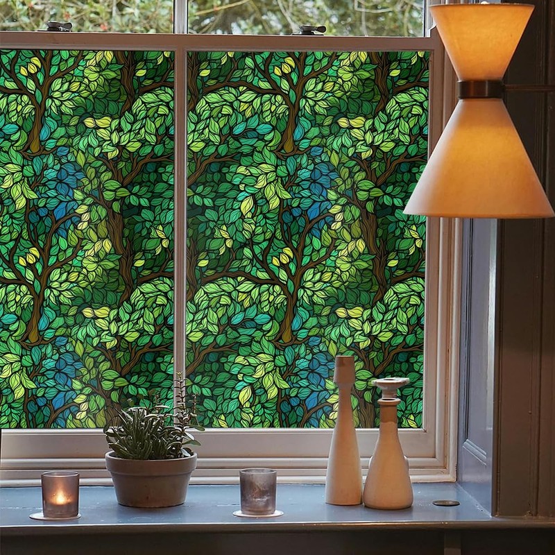 Green Leaf Forest Tree Blue Stained Glass Window Films Decorative