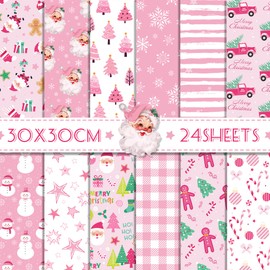 Pink Christmas Craft Paper, Double-Sided Scrapbooking Supplies, Cute Santa Christmas Tree Snowman Craft Paper Folded Flat for DIY Card Making Scrapbook Photo Album Decor, 24Sheets 12 Designs