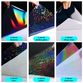 36 Sheets Holographic Sticker Paper Waterproof A4 Size Clear Vinyl Sticker Sheets Self-Adhesive Rainbow Overlay Sheets with 6 Styles Mixed