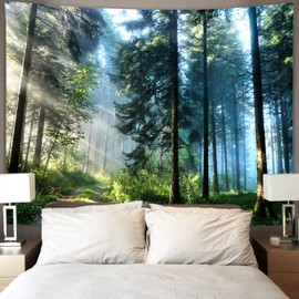 CASMON Misty Forest Tapestry, Gold Sunshine through Jungle Nature Landscape Wall Hanging for Living Room Bedroom Dorm Décor (51.2"×59.1")