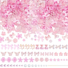 200 Pcs Pink Mixed Nail Charms, Flower Butterfly Nails Art Charms Bows for Nails, 3D Cute Bear Flowers Resin Nail Charm Half Pearl Gems Rhinestones Charm for Acrylic Nail Art Designs