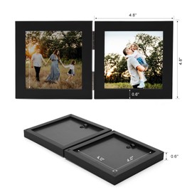 Janreefan Double 4X4 Picture Frames Hinged Folding Photo Frames in Black for Wall Hanging or Tabletop Standing, Made of Pine Wood with Real Glass P-44 * 2-HEI