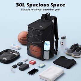 MoKo Basketball Bag, Basketball Backpack with Breathable Shoe Bag, Backpack with Multiple Pockets, Hidden Fence Hook & Charging Port for Ball Sport Lovers, Black