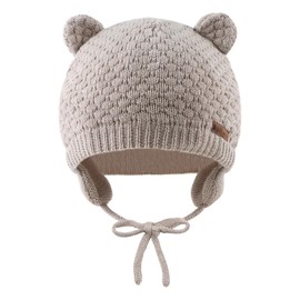 XIAOHAWANG Baby Winter Hat Boys Girls Warm Knitted Hats Soft Cotton Lining with Cute Bear Ears Winter Baby Hat, beige