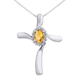 Diamond & Citrine Cross Pendant Necklace Set In Sterling Silver .925 with 18" Chain
