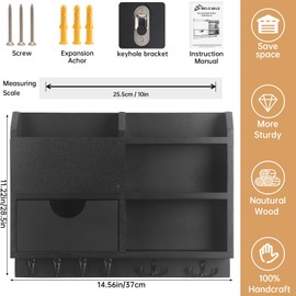 BE Key Holder Wall Mount, Large Key Holder for Wall, Mail Organizer Key Rack , 100% Handmade Hanger for Wall Door Room Office Saving Time and Space, Wood Shelf with Drawer for Storing Decor Home-Black
