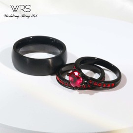 Juego de dos anillos de boda para él y ella, anillos a juego para mujer, 2 piezas, con relleno de oro negro, circonita cúbica, rojo, anillos de compromiso para boda, anillos de boda de titanio para