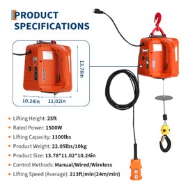 3 in 1 Electric Hoist Winch, 1100 Lbs Portable Electric Power Winch w/Wire and Wireless Remote Control, Overload Protection, 25Ft Lifting Height, 120V 1500W Electric Hoist Crane for Towing