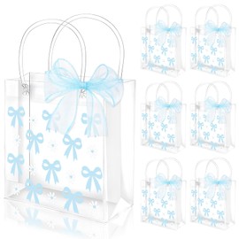 Whaline 12 Pcs Bow Coquette Clear PVC Gift Bags Blue Bowknot Daisy Flower Party Favor Bags with Handle Treat Tote Bags with Ribbon for Wedding Birthday Baby Shower