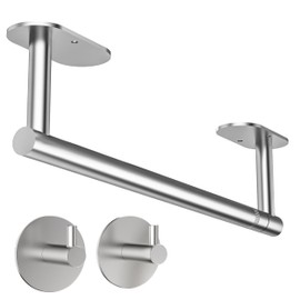 WZKALY Paper Towel Holder Under Cabinet, Self Adhesive or Wall Mounted SUS304 Stainless Steel Paper Towel Holder for Kitchen, Bathroom(2 Towel Hooks, Sliver)