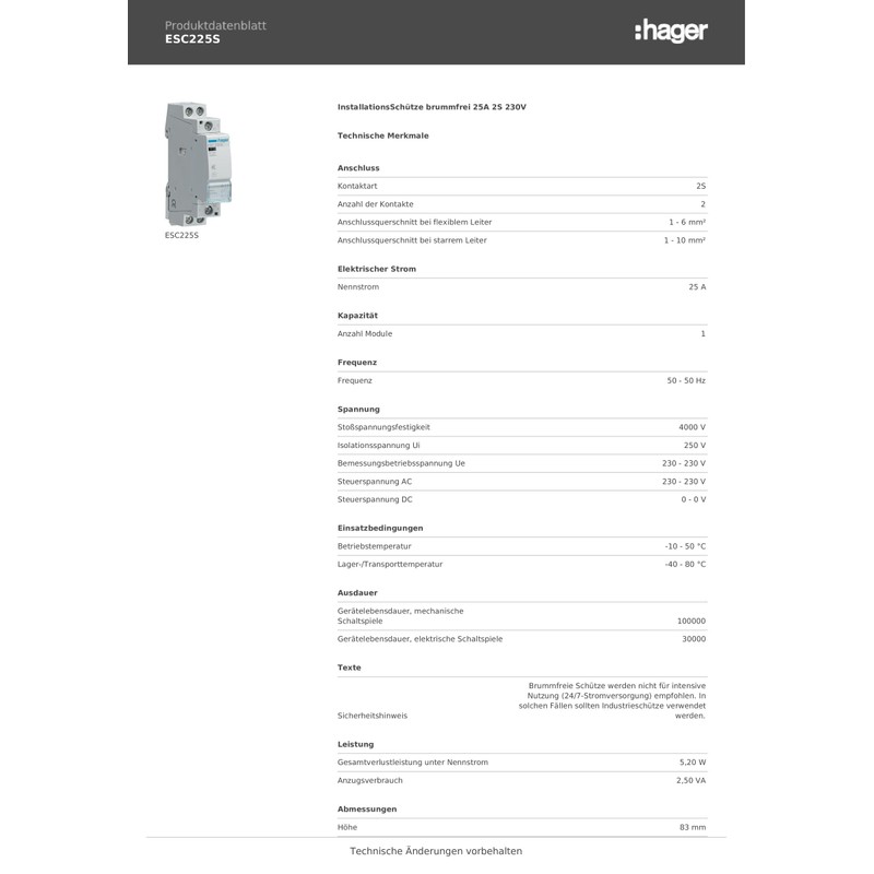 Hager ESC225S Installation Contactor for Row Installation 25A 2S 230V