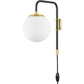 Linea di Liara Caserti Black and Gold Plug in Wall Sconce Wall Lighting Modern Frosted Glass Globe Plug Wall Lamp with Plug in Cord Swing Arm Wall Mounted Bedside Lamp with On/Off Switch Wall Light