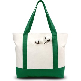 TOPDesign Stylish Canvas Tote Bag with an External Pocket, Top Zipper Closure, Daily Essentials (Green/Natural)