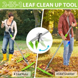 2-in-1 Leaf Grabber Rake, Back Saving Leaf Collector Tool with Long Handle, Efficient Leaf Picker Upper Grabber, Leaves Pickup Shovel for Lawns Yard Work Gardening