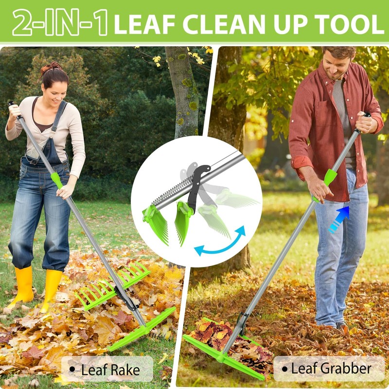 2-in-1 Leaf Grabber Rake, Back Saving Leaf Collector Tool with