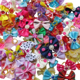 Chenkou Craft Random of 20pcs Puppy Yorkie Dog Hair Bow With Rubber Band Rhinestone Pet Grooming Products Mix Colors Varies Patterns Pet Hair Bows Dog Accessories