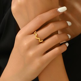 foyjoey Stackable Gold Rings for Women Dainty Open Cubic Zirconia Wave Cuban Rings Trendy Adjustable Wedding Eternity Bands Non Tarnish