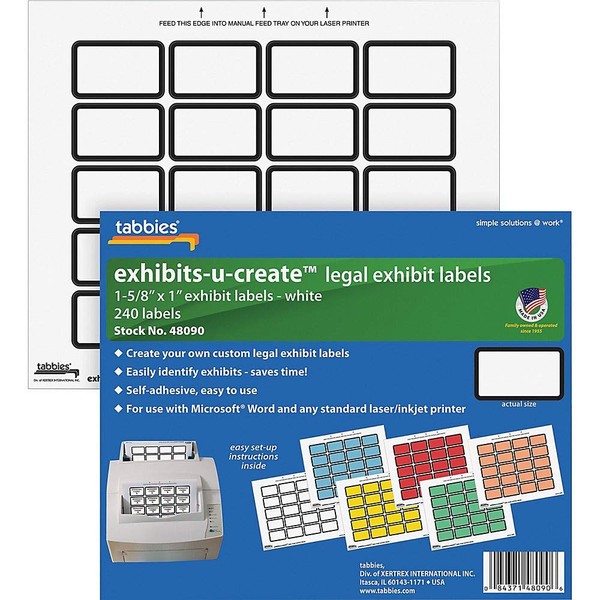 Tabbies Legal Exhibits-U-Create 1-5/8"W x 1"H Labels, 8-1/2"W x 7"H Sheet, 240 Labels/Pack (48090), White