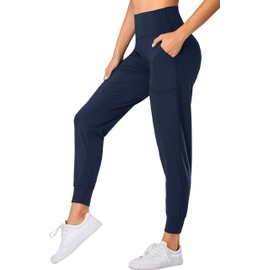 Oalka Women's Joggers High Waist Yoga Pockets Sweatpants Sport Workout Pants Navy Blue XL