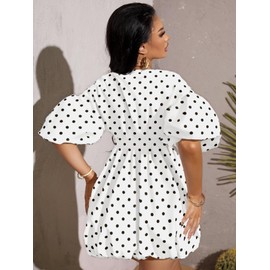 WDIRARA Women's Deep V Neck Puff Sleeve High Rise Flare Dress Elastic Waist Dress White Dots Small