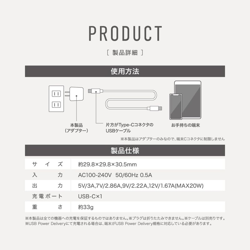 Itsuwa Shoji PD20W USB-C Fast Charging Adapter, Compact Size, 4