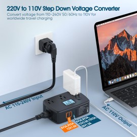 Universal Travel Adapter 220v to 110v Converter with 3 AC Outlets + 2 QC3.0 + 1 PD30W + LCD Display, 250W Voltage Converter Travel Power Converter Adapter Combo for EU/UK/AU/Italy/Asia/South Africa