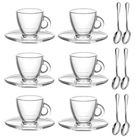 GURUDAR Espresso Cups with Saucers and Spoons Set of 6, Glass Demitasse Cups for Cappuccino Latte Café Mocha Tea and More Beverage, 3.2OZ/95ML, Clear